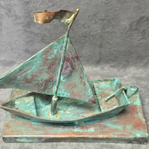 Vintage Copper Brass Tone Metal Sailboat w. Movable Sail Nautical Ship Boat Sea - Picture 7 of 11